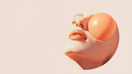 This captivating abstract portrait features a serene beauty with a large orange sphere accentuating the composition. The dreamy, minimalist design creates an elegant visual experience.の素材