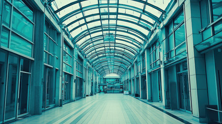 Spacious and modern atrium with a glass roof, featuring sleek architecture and a minimalistic design. Perfect for backgrounds in professional settings.の素材