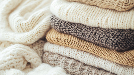 A serene collection of cozy stacked knit blankets in soft neutral tones, perfect for adding warmth and style to any autumn setting or home decor.の素材