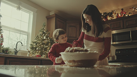 A mother and child enjoy a joyful cooking moment in a festive kitchen, filled with holiday decorations. Their smiles express love and togetherness.の素材