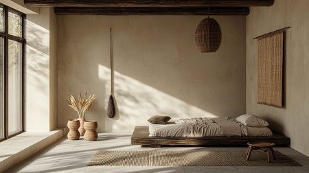 A serene minimalist bedroom featuring natural light pouring in, rustic decor, and a cozy atmosphere, perfect for relaxation and style inspiration.の素材