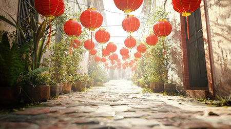 A serene alleyway illuminated by vibrant red lanterns, surrounded by lush greenery. The stone path invites exploration in a tranquil, culturally rich environment.の素材