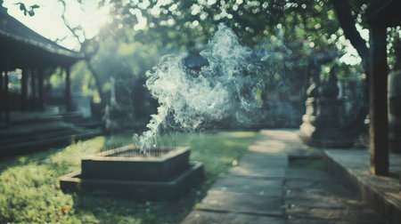 A beautiful scene capturing smoke rising in a serene garden, illuminated by soft sunlight filtering through trees. Perfect for conveying tranquility and nature.の素材