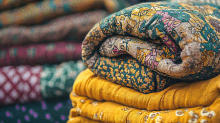 This image features a stack of colorful folded fabrics showcasing intricate patterns and rich textures, perfect for interior design or fashion inspiration.の素材
