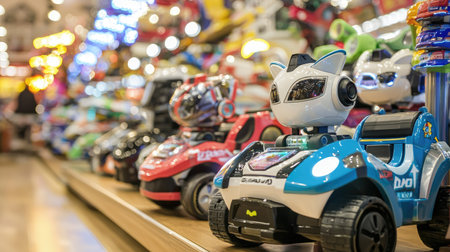 A vibrant array of toy cars and robots is showcased neatly in a playful store. This image captures the joy of childhood with colorful designs and playful features.の素材