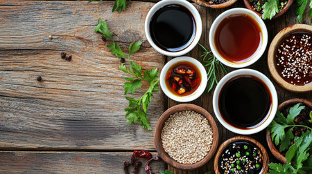 A beautiful arrangement of various condiments and spices presented in rustic bowls on a wooden table, showcasing diverse flavors and culinary creativity.の素材