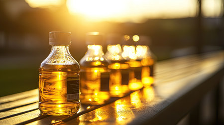 A collection of soft drink bottles glows under the warm rays of a sunset, creating a visually striking image that promotes relaxation and enjoyment.の素材