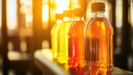 A collection of vibrant beverage bottles glowing in the sunlight. The scene captures condensation, emphasizing freshness and hydration, perfect for summer.の素材