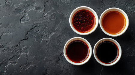 A visually appealing arrangement of assorted sauces in white bowls set against a dark textured surface, highlighting flavors ideal for various dishes and cuisines.の素材