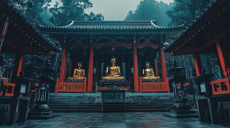 Explore the tranquility of an ancient temple housing golden Buddha statues nestled among lush forests, reflecting peace and spirituality in a serene environment.の素材