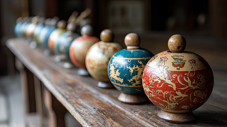 A line of colorful decorative spheres rests on a wooden table, showcasing intricate designs and patterns. This traditional art piece adds elegance and charm to any interior.の素材