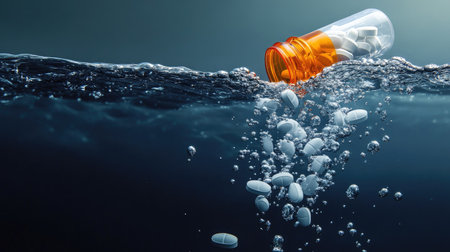 A dramatic image of a prescription bottle spilling pills into water, emphasizing the themes of medication, health, and environmental impact, with bubbles rising vividly.の素材