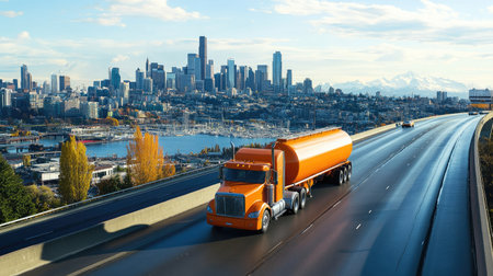 A vibrant orange tanker truck navigates a highway with a stunning city skyline in the background. The image captures urban transportation against a breathtaking landscape.の素材