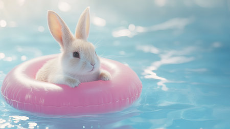 A charming bunny enjoys a sunny day in a pink floaty, surrounded by tranquil blue water. This delightful scene captures the essence of summer relaxation and joy.の素材
