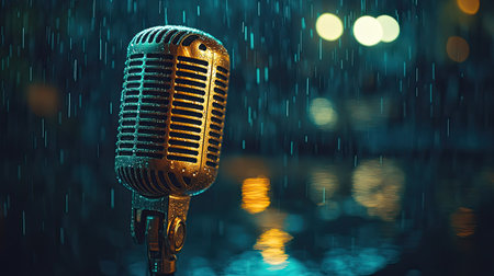 A vintage microphone stands elegantly in the rain, illuminated by soft bokeh lights. The atmosphere evokes feelings of nostalgia and creativity, perfect for music-themed projects.の素材