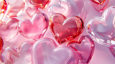 A stunning collection of colorful glass hearts in shades of pink and red. Perfect for romantic themes, gifts, and elegant decorations that celebrate love.の素材