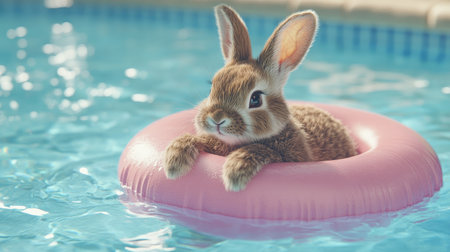 This charming image captures a cute bunny relaxing in a pink pool float, surrounded by refreshing water. Perfect for summer themes and pet visuals.の素材