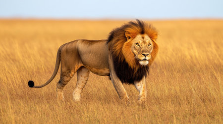 A majestic lion gracefully walks through golden grasslands, showcasing its powerful presence. The vibrant colors of the scene depict the beauty of wildlife in its natural habitat.の素材