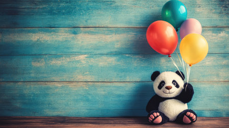 A delightful panda toy grips colorful balloons against a vintage wooden backdrop, evoking joy and whimsy. Perfect for children's themes or celebrations.の素材
