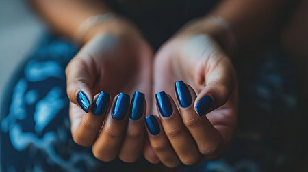 A close-up view of well-manicured hands showcasing elegant dark blue nail polish. The soft light enhances the shine and details, creating an inviting aesthetic.の素材