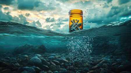 A captivating image of a bottle filled with pills submerged in clear water, surrounded by stones and bubbles, showcasing nature's serene beauty and wellness themes.の素材