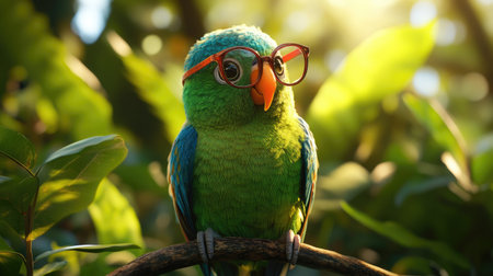 A playful parrot sporting stylish glasses perches on a branch amidst vibrant green foliage, creating a whimsical and charming scene in a tropical jungle.の素材