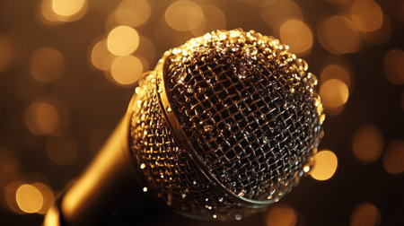 A close-up view of a sparkling microphone set against a soft golden bokeh background. This image captures the essence of music, performance, and celebration. Perfect for various music-related themes and projects.の素材