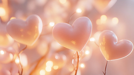 A captivating display of soft glowing heart shapes surrounded by warm lights, creating a romantic and enchanting atmosphere perfect for celebrations and love.の素材