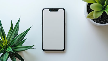 A minimalist smartphone mockup on a clean surface, framed by vibrant plants, ideal for showcasing digital content or app designs in a fresh setting.の素材