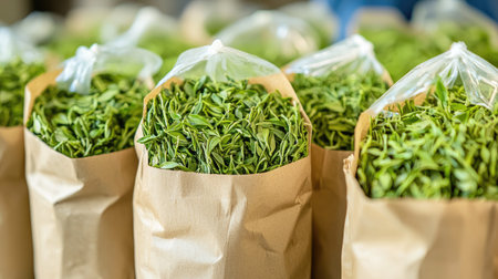 Fresh green tea leaves packed in brown paper bags ready for sale at a market. Ideal for promoting healthy living, organic products, and local vendors.の素材