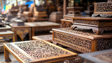 Capture the beauty of intricately carved wooden tables highlighting the craftsmanship and artistry found in traditional woodwork at a local market.の素材