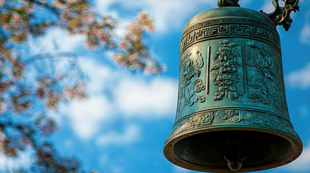 An antique bronze bell elegantly hangs against a vivid blue sky, framed by delicate cherry blossoms. This serene image captures beauty and tranquility, perfect for heritage and nature themes.の素材