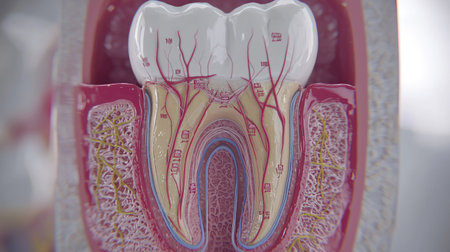 Explore a detailed anatomical illustration of a tooth, highlighting the structure of roots, nerves, and surrounding tissues. Ideal for educational purposes.の素材