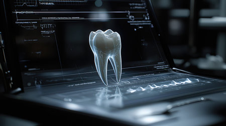A futuristic 3D tooth model displayed on a digital screen showcases modern dental technology, highlighting advanced healthcare innovation and tools in a clinical setting.の素材