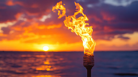 A vibrant flame flickers from a lit torch, silhouetted against a stunning sunset over the water, creating a warm and inviting atmosphere for relaxation.の素材