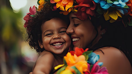 A joyful mother embraces her smiling child, both adorned with colorful flower accessories. This heartwarming moment captures love, warmth, and happiness.の素材
