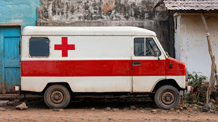 A vintage red cross ambulance parked in an urban setting, showcasing rustic walls and earthy surroundings, symbolizing emergency service and community aid.の素材