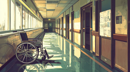 A serene hospital corridor featuring a wheelchair under soft sunlight. The reflections on the polished floor create a sense of calmness, evoking feelings of hope and recovery.の素材