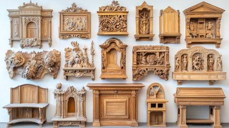 A stunning collection of ornate wooden carvings showcases exquisite craftsmanship and artistic detail. Various designs create a captivating visual display for art enthusiasts.の素材