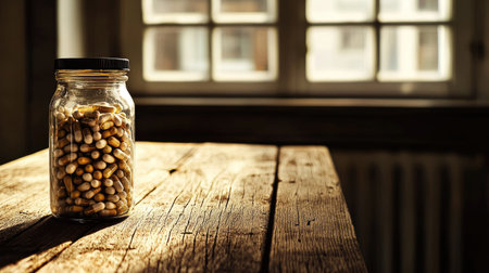 A glass jar filled with assorted beans sits on a rustic wooden table bathed in natural light from a nearby window, creating a cozy atmosphere.の素材