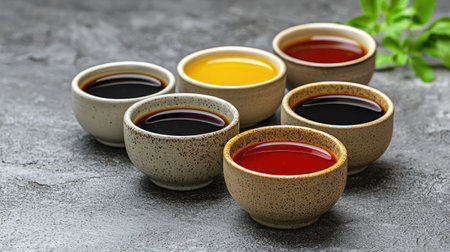 A beautiful arrangement of assorted sauces in small bowls, showcasing vibrant colors and textures. Perfect for culinary presentations and inspired cooking.の素材