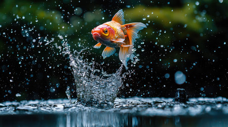 A stunning image of a golden fish jumping from water in an aquarium, creating a dynamic splash. The scene captures the beauty and energy of aquatic life.の素材