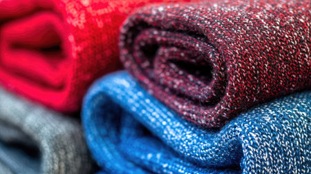 This image showcases a close-up of rolled colorful knitted fabrics, emphasizing the intricate textures and soft materials. Ideal for textile and fashion projects.の素材