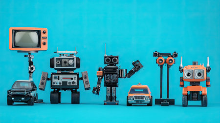 A vibrant collection of retro robots and toys arranged against a blue background. This playful display showcases creativity and nostalgia in a fun setting.の素材