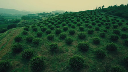 A breathtaking aerial view of lush green hillside filled with circular shrubs, creating a vivid landscape. This serene scene showcases natureの素材