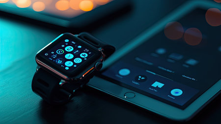 A stylish smartwatch and tablet are displayed on a wooden surface with a glowing backdrop. The digital screens show various applications, symbolizing modern technology and connectivity.の素材