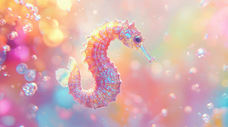 A stunning, colorful seahorse glides through a dreamy underwater scene filled with vibrant bubbles and soft, pastel hues, creating a whimsical atmosphere.の素材