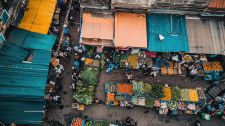 A captivating aerial view showcases a bustling outdoor market filled with colorful stalls offering a wide variety of fresh fruits and vegetables. The scene captures the lively atmosphere of daily commerce.の素材