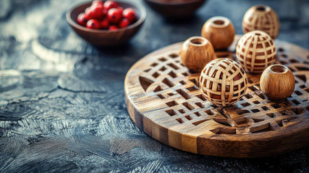 This image features decorative wooden balls displayed on a carved tray, accompanied by a bowl of red berries. Ideal for showcasing rustic home decor and natural aesthetics.の素材