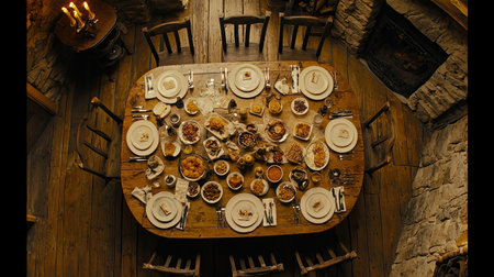 A rustic table filled with a variety of foods in a cozy cabin setting, featuring candles and warm wood tones, perfect for gatherings and celebrations.の素材